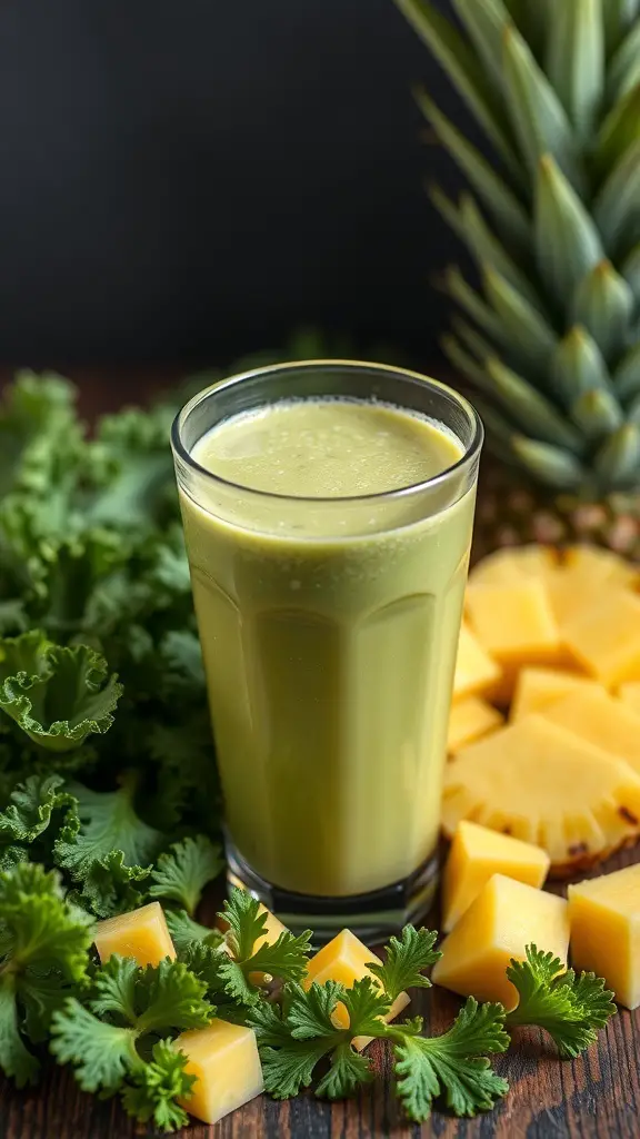 A glass of Kale and Pineapple Green Smoothie surrounded by fresh kale, pineapple chunks, and cilantro.