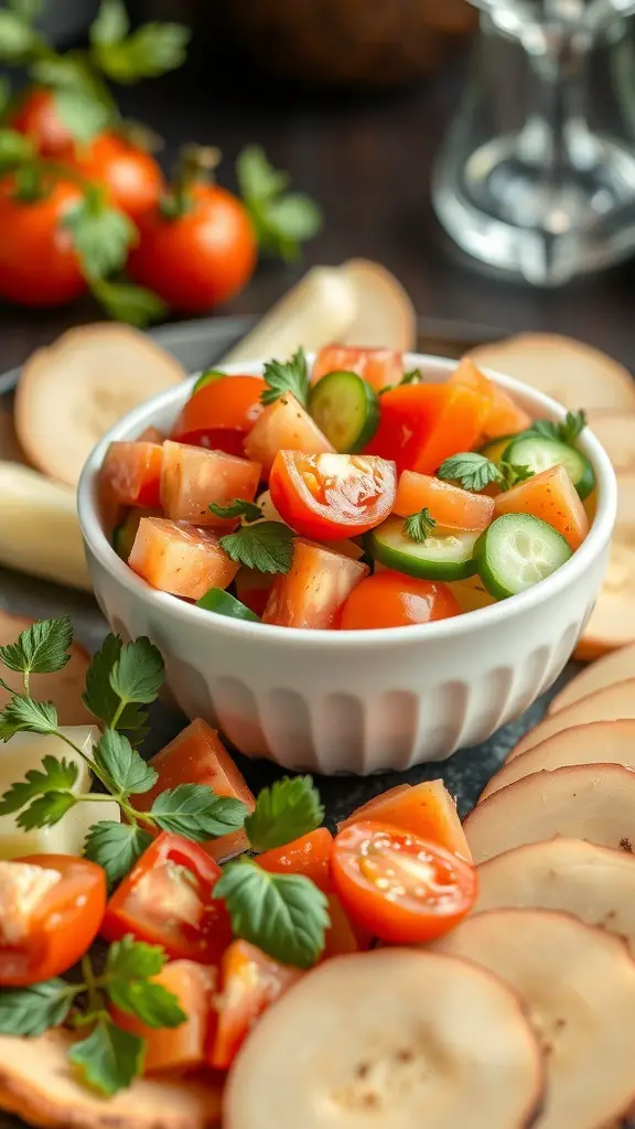 A fresh cucumber and tomato salad in a white bowl, surrounded by sliced vegetables and herbs.