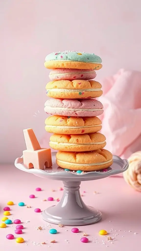 A stack of pastel rainbow cookies on a cake stand, surrounded by colorful candy and decorations.
