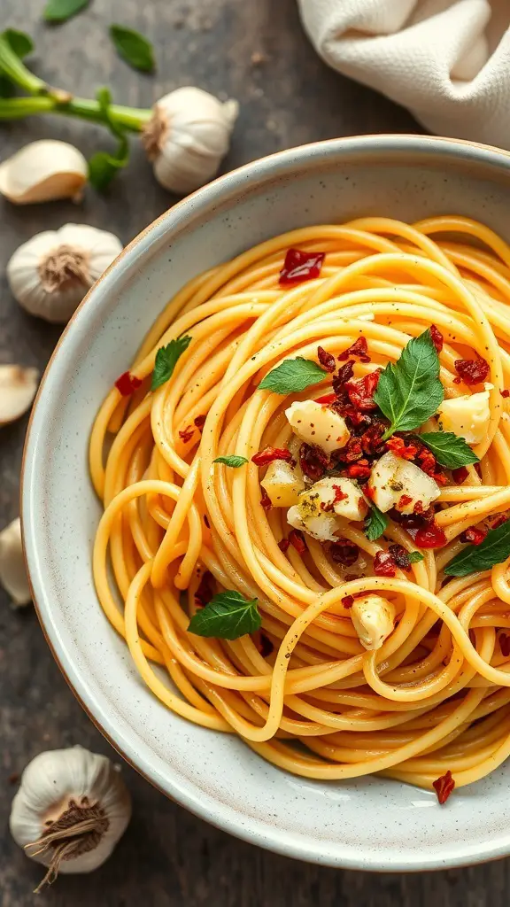 A bowl of spaghetti aglio e olio topped with garlic, red pepper flakes, and fresh herbs.