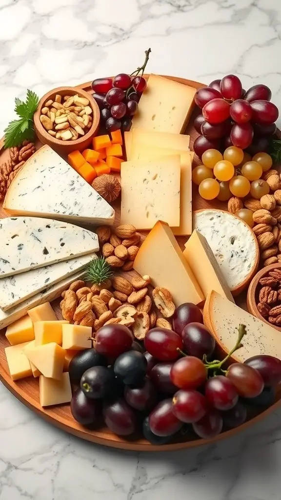 A colorful fruit and cheese platter featuring various cheeses, grapes, nuts, and dried fruits.