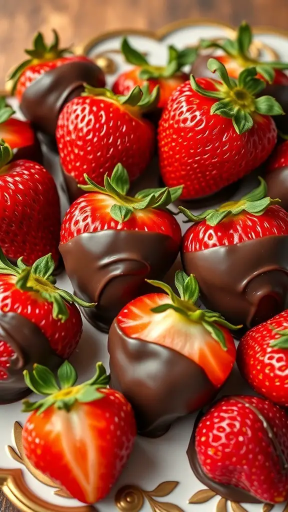 A plate of chocolate covered strawberries, some dipped fully in chocolate and others with a half-dip, showcasing their vibrant red color.