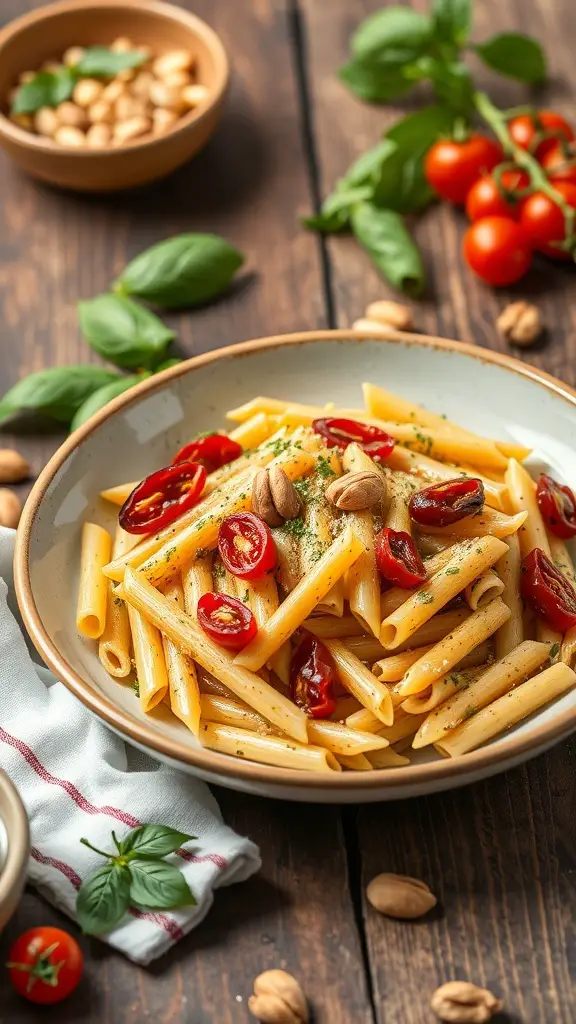A bowl of pesto penne pasta topped with sun-dried tomatoes and nuts, surrounded by fresh basil and cherry tomatoes.