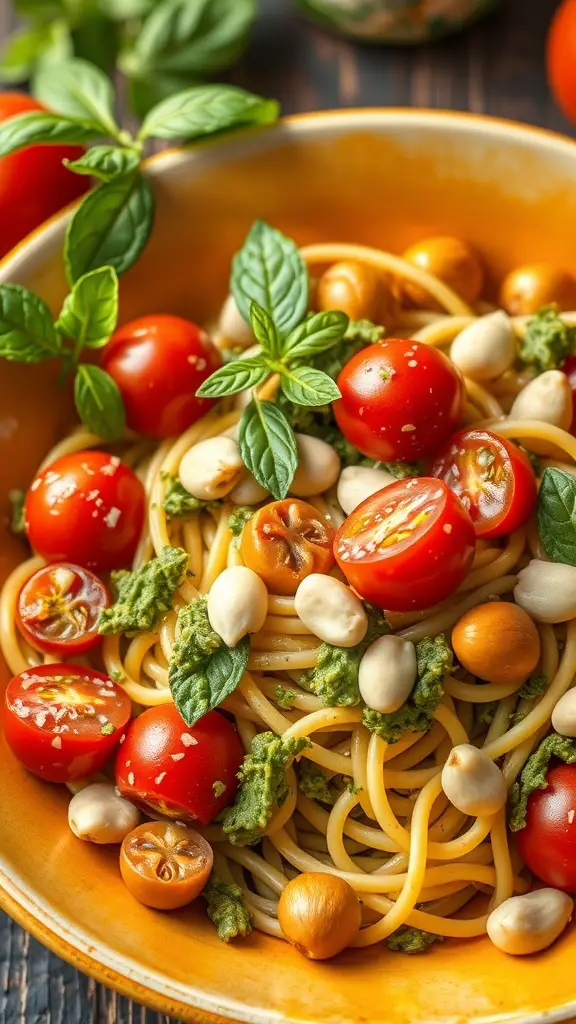 A colorful bowl of pesto pasta salad with cherry tomatoes and basil