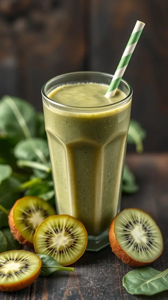 A glass of kiwi spinach smoothie with sliced kiwis on the side.