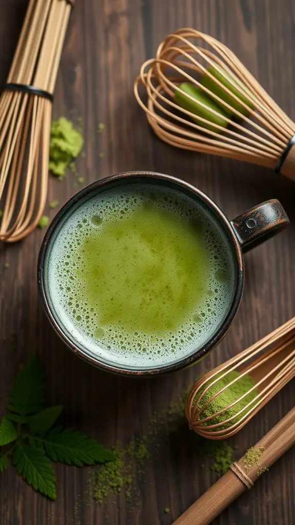 A cup of matcha green tea with whisks and matcha powder on a wooden surface.
