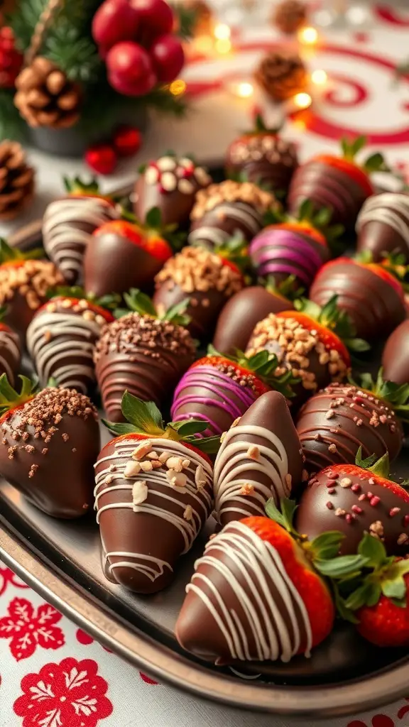 A platter of gourmet chocolate-dipped strawberries with various toppings.