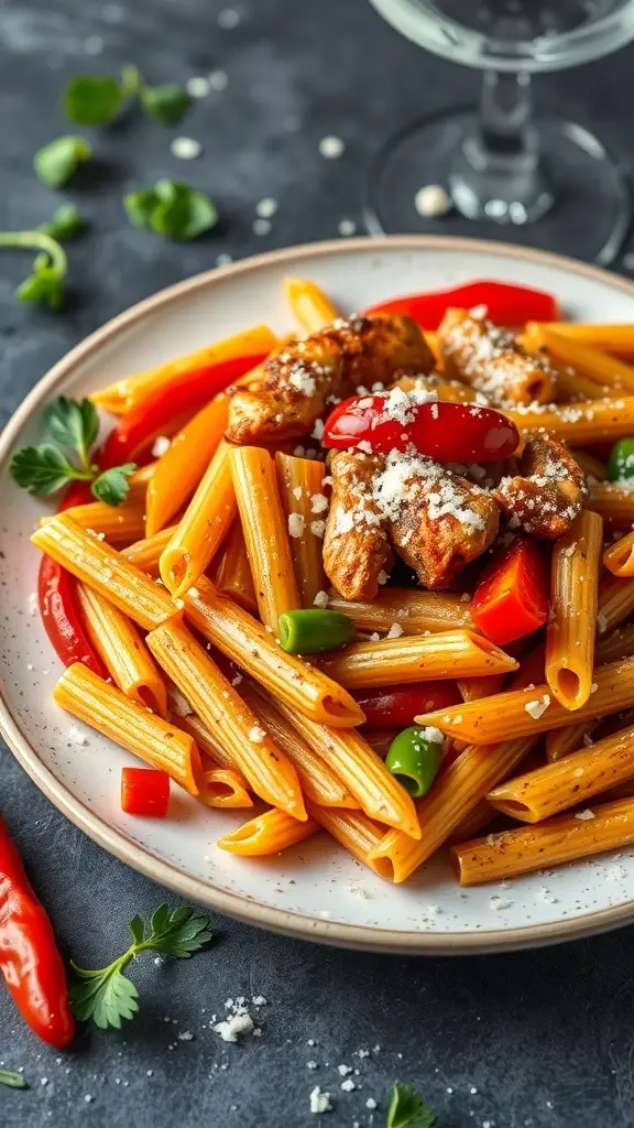A plate of Spicy Cajun Chicken Penne with colorful peppers and chicken pieces