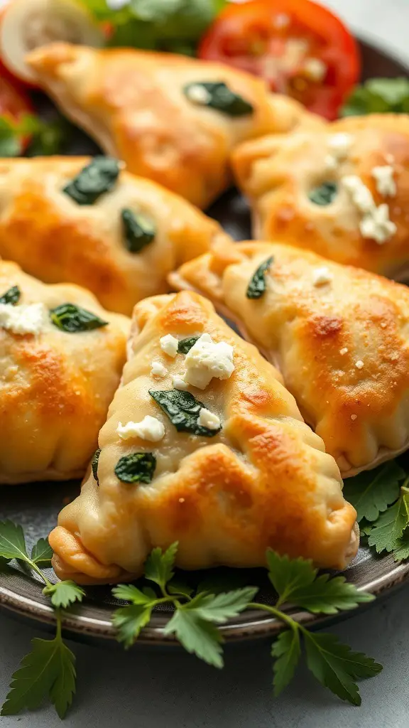 Golden-brown spanakopita filled with spinach and feta, served on a plate with fresh herbs and tomatoes.