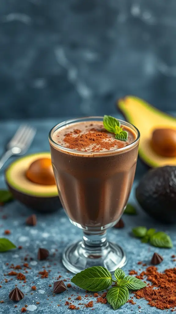 A glass of chocolate avocado smoothie garnished with mint leaves, surrounded by avocados and cocoa powder.