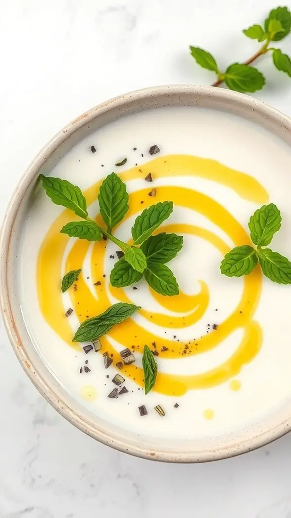 A bowl of creamy Turkish yogurt soup garnished with mint leaves and olive oil swirls.