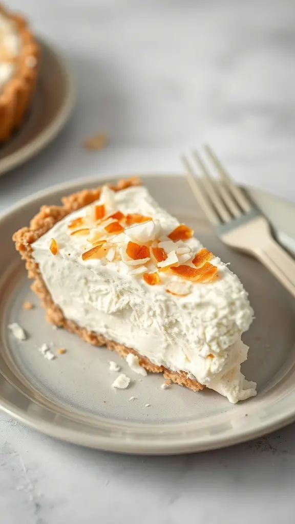 A slice of coconut cream pie with a flaky crust, topped with toasted coconut and orange pieces.