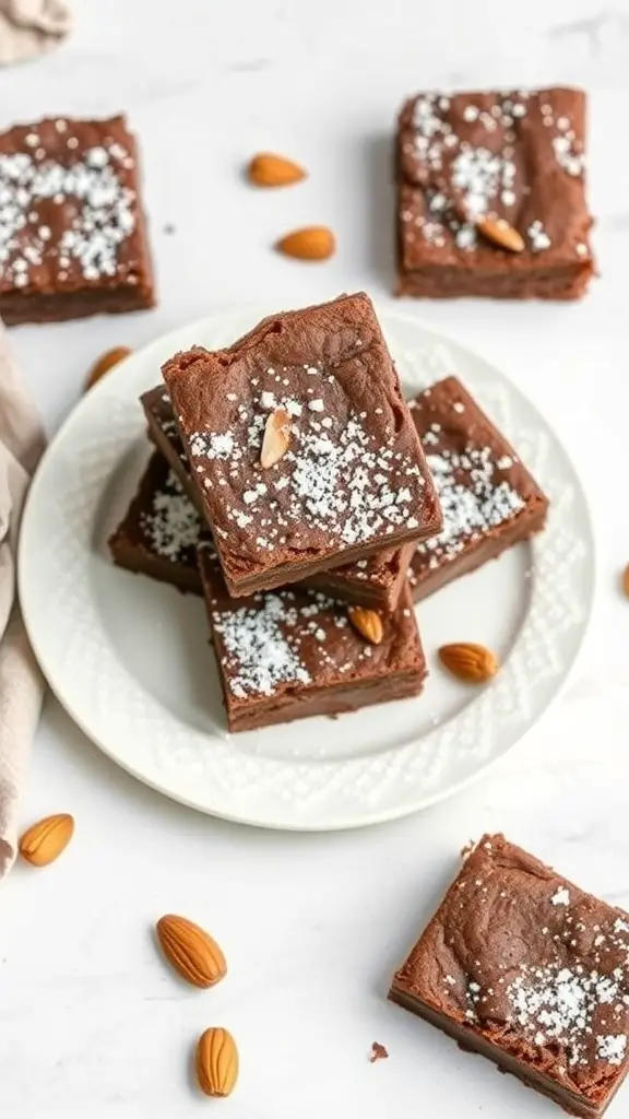 A plate of almond flour brownies topped with sea salt and almonds