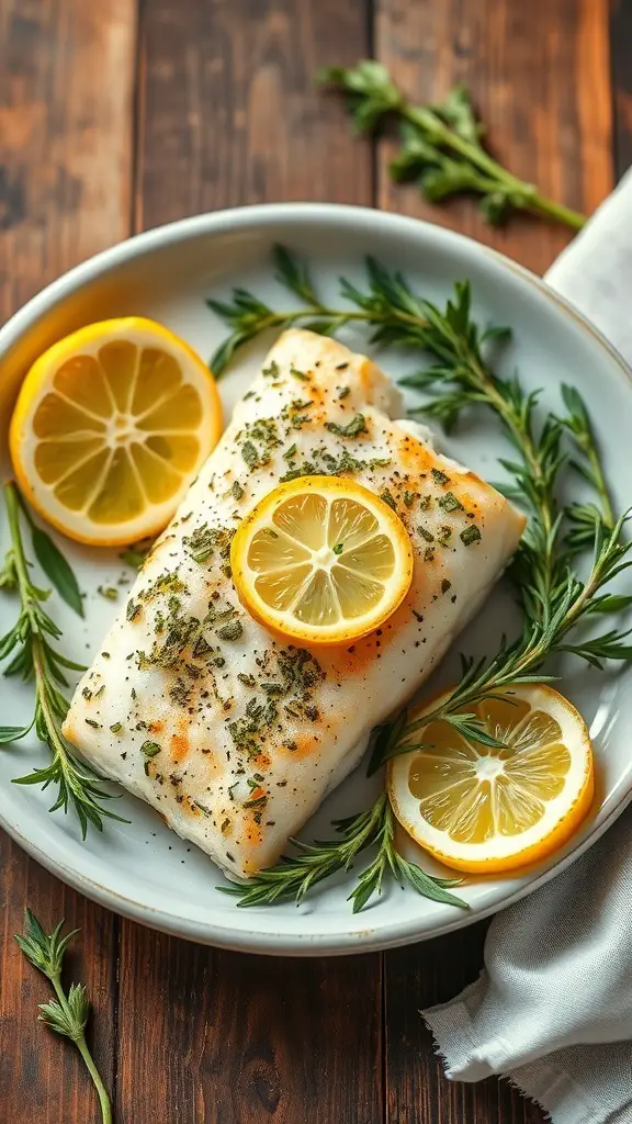 Baked lemon herb cod with lemon slices and fresh herbs on a plate