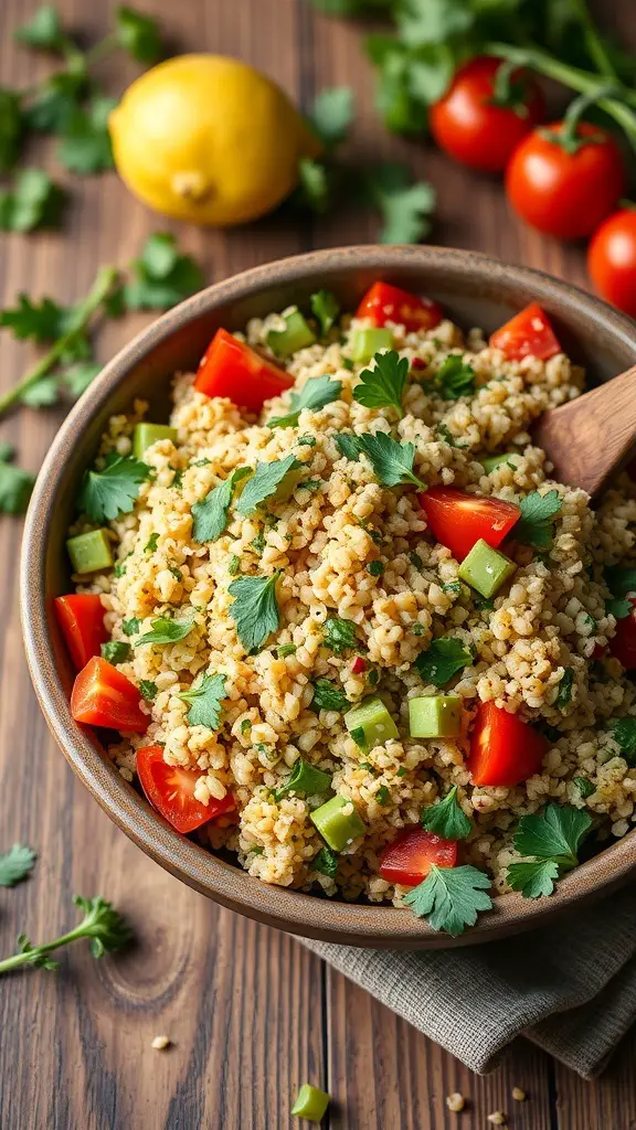 Bowl of tabbouleh salad with bulgur, tomatoes, green peppers, and parsley