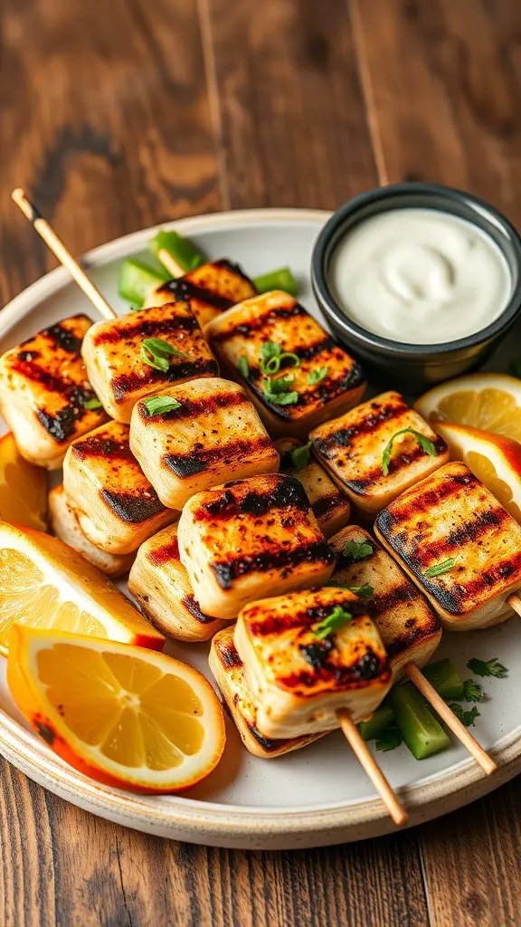 Grilled honey garlic tilapia skewers on a plate with lemon slices and a dipping sauce