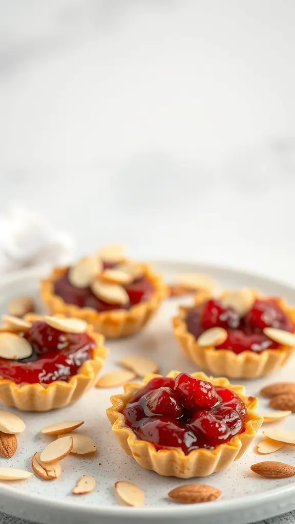 Four raspberry almond tartlets on a white plate, garnished with almond slices.