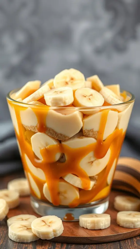 A delicious Caramel Banana Pudding Trifle with layers of bananas, pudding, and caramel sauce.