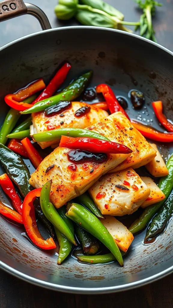 A skillet with fish fillets and colorful vegetables stir-fried together.