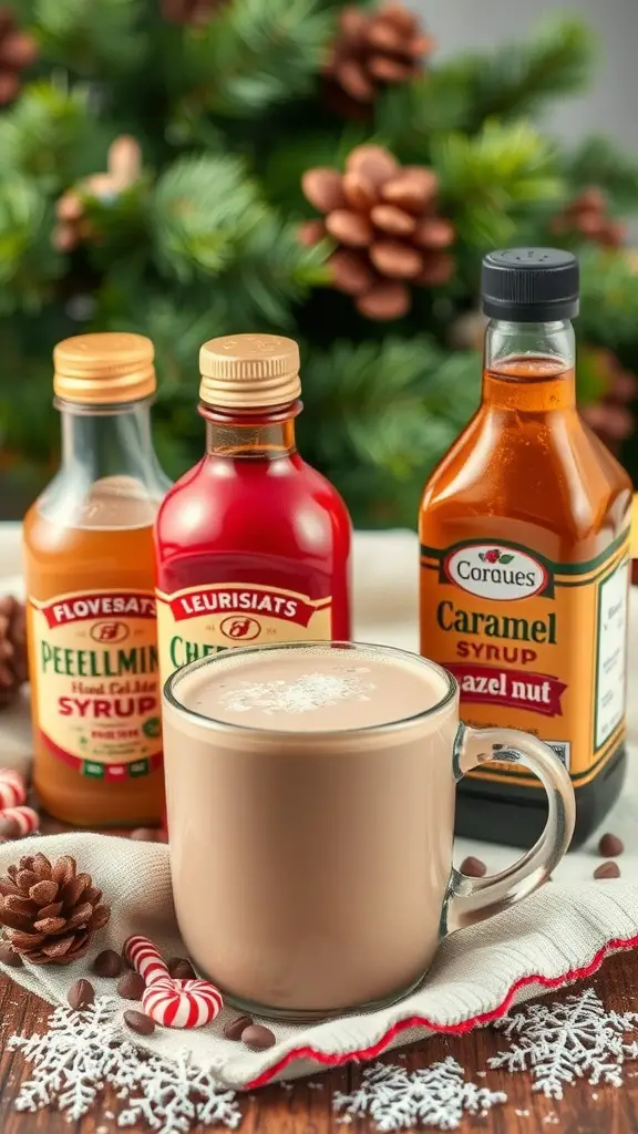 A cozy hot cocoa station with flavored syrups and a warm mug of cocoa.