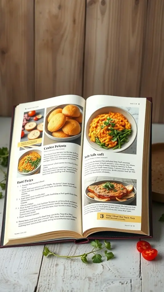 Open cookbook displaying soft food recipes with pasta and baked goods.