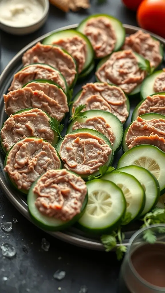 A plate of cucumber slices topped with liver pâté, garnished with herbs.