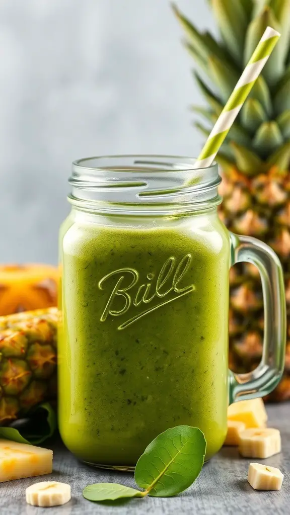 A refreshing Tropical Green Smoothie in a mason jar with a striped straw, surrounded by pineapple and banana.