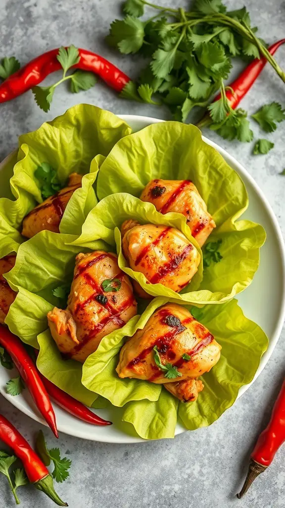 Spicy chicken thighs wrapped in lettuce leaves with red chili peppers and cilantro