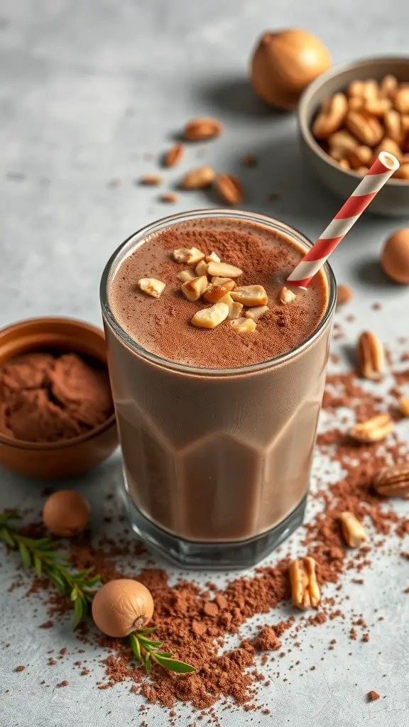 A glass of chocolate hazelnut energy smoothie topped with chopped hazelnuts and cocoa powder, surrounded by hazelnuts and cocoa powder on a grey surface.