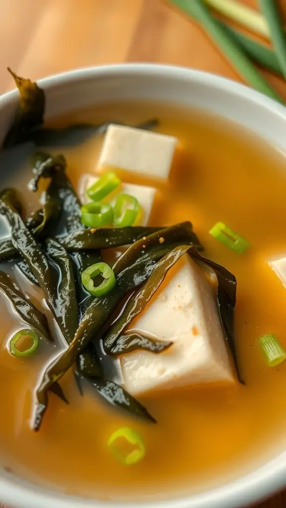 A bowl of tofu and seaweed soup with green onions on top.