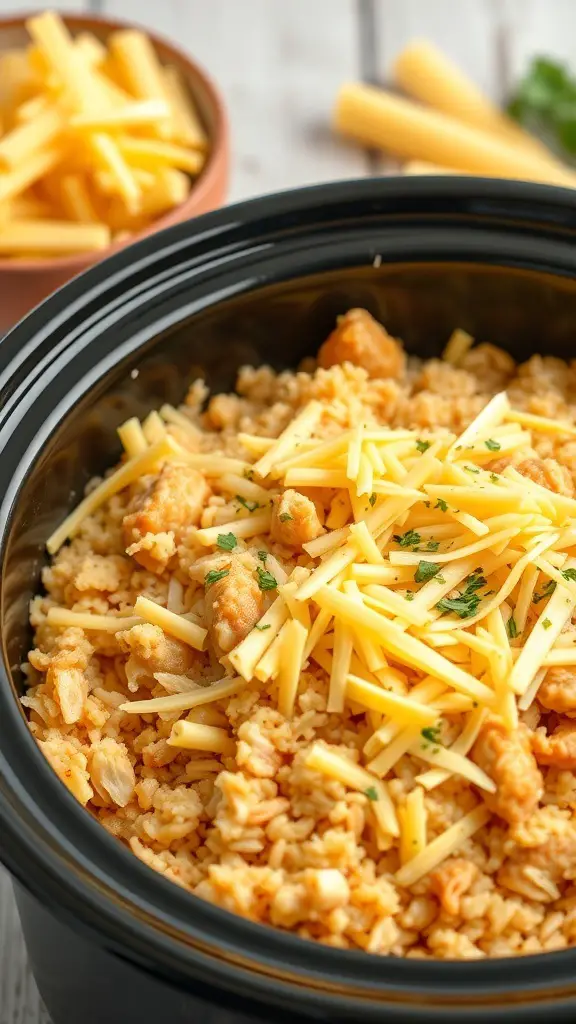 Crock pot chicken and rice casserole with melted cheese on top