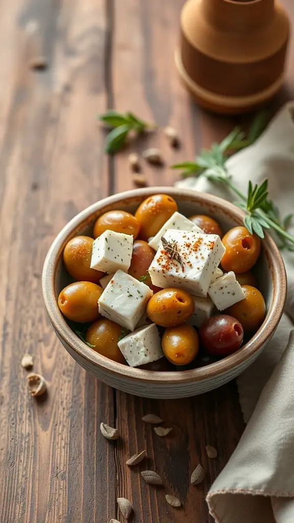A bowl of marinated olives and feta cheese on a wooden table.