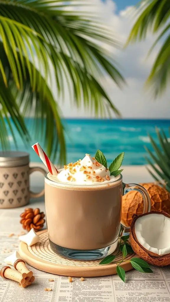 A glass of Coconut Cream Hot Chocolate topped with whipped cream and coconut flakes, set against a tropical beach backdrop.
