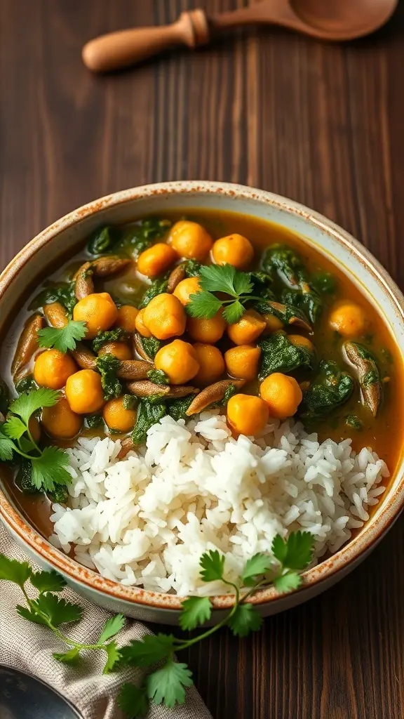 A bowl of chickpea and spinach curry served with white rice on a wooden table.