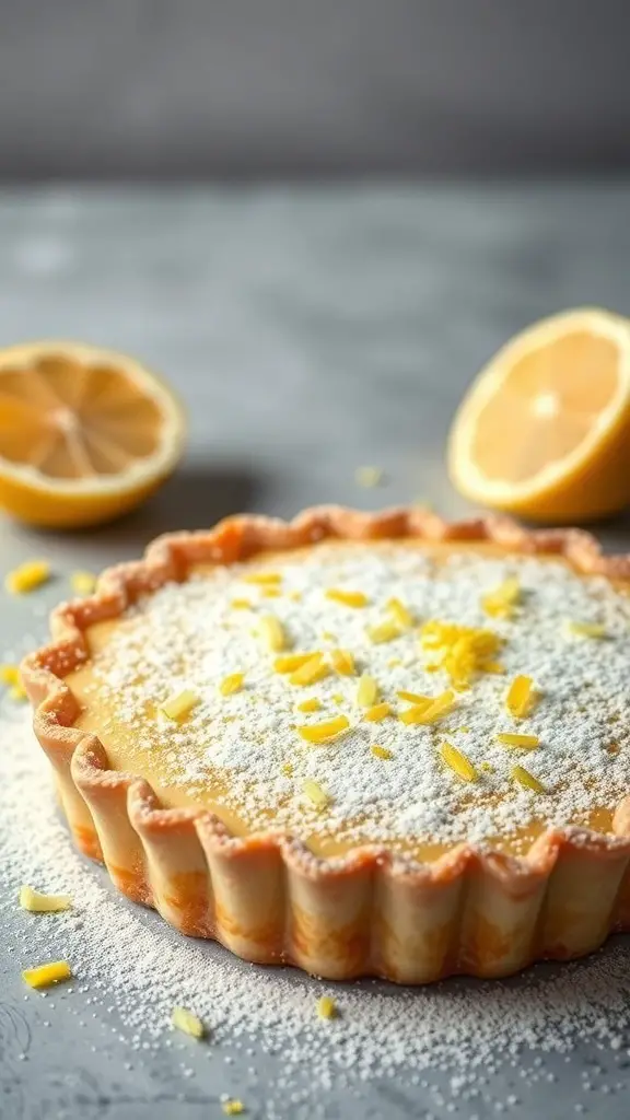 A lemon butter tart topped with powdered sugar and lemon zest, surrounded by halved lemons.