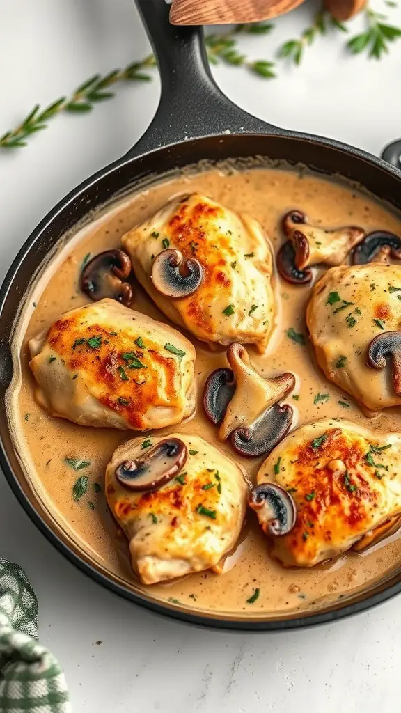 A skillet with chicken thighs in a creamy mushroom sauce, garnished with herbs.