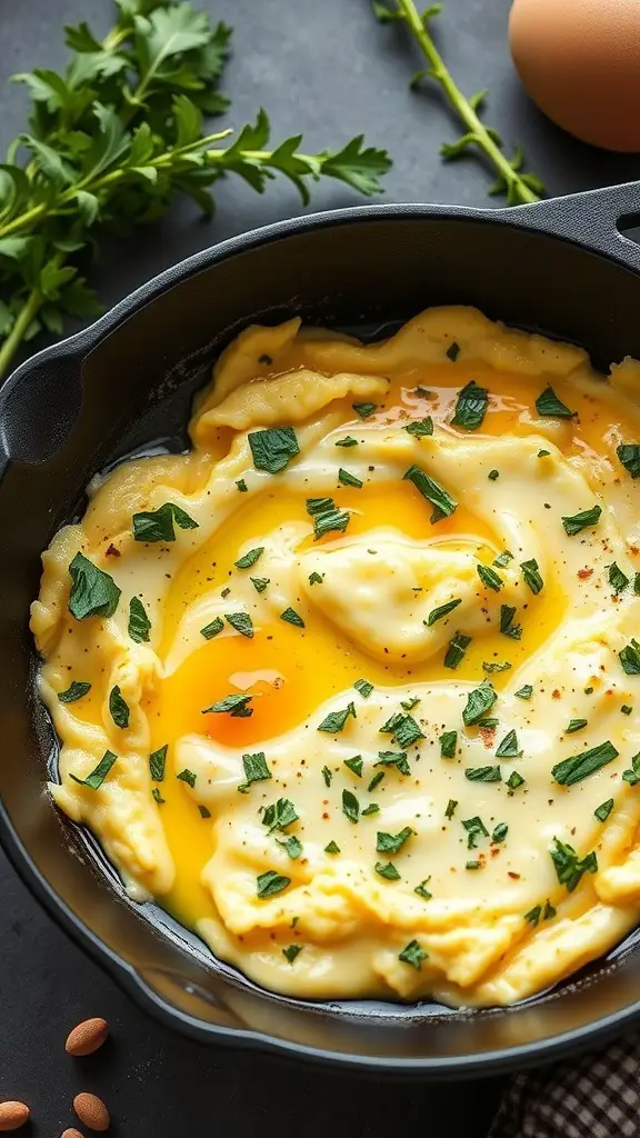 Scrambled eggs with herbs in a skillet, surrounded by fresh parsley and an egg.