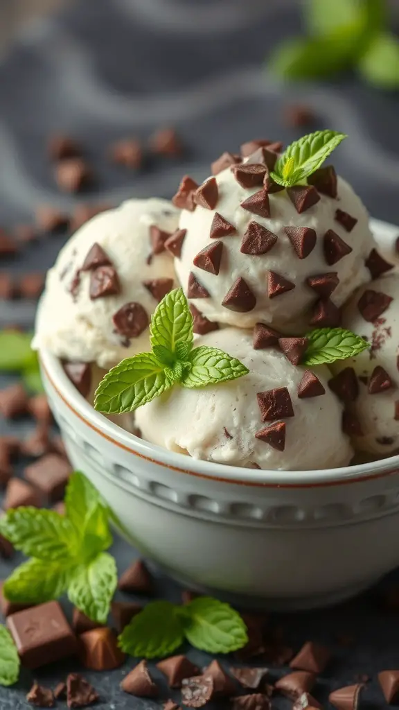 A bowl of mint chocolate chip ice cream topped with chocolate chips and mint leaves.