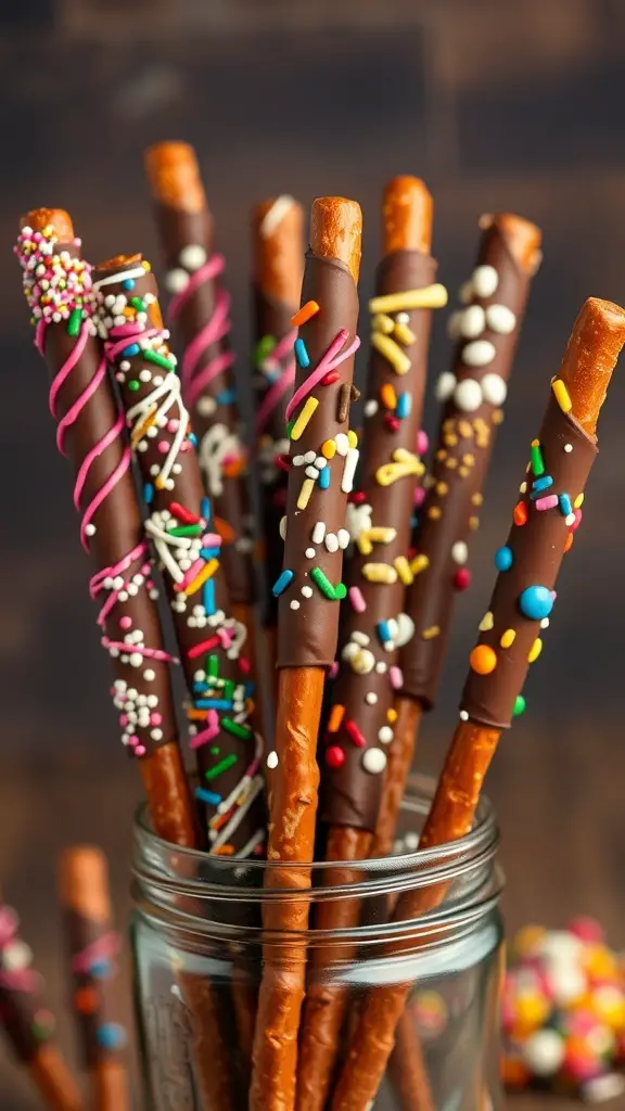 A jar filled with chocolate dipped pretzel rods decorated with colorful sprinkles and drizzles.