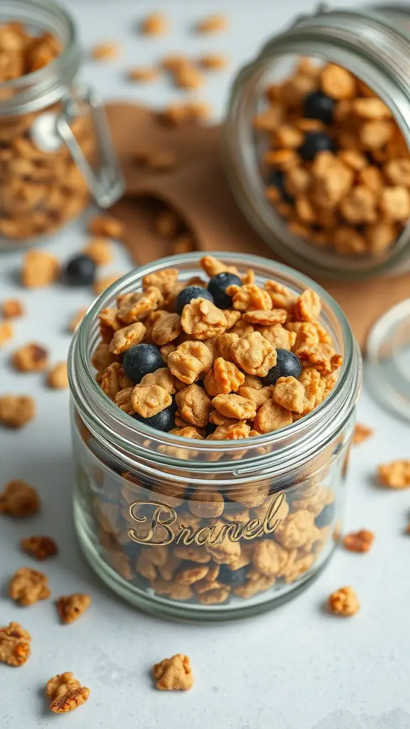 Jars filled with nutty granola clusters and blueberries