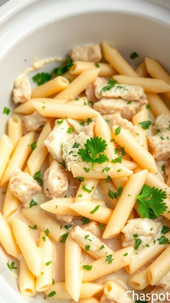 A bowl of Chicken Alfredo Pasta with penne, chicken, and parsley