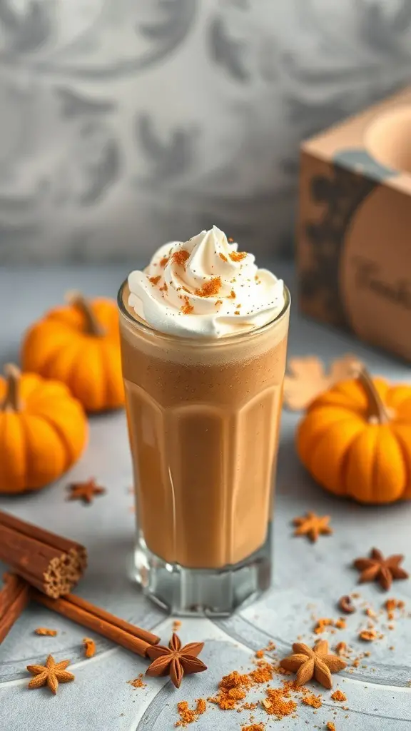 A delicious pumpkin spice smoothie topped with whipped cream and sprinkled with spices, surrounded by small pumpkins and cinnamon sticks.