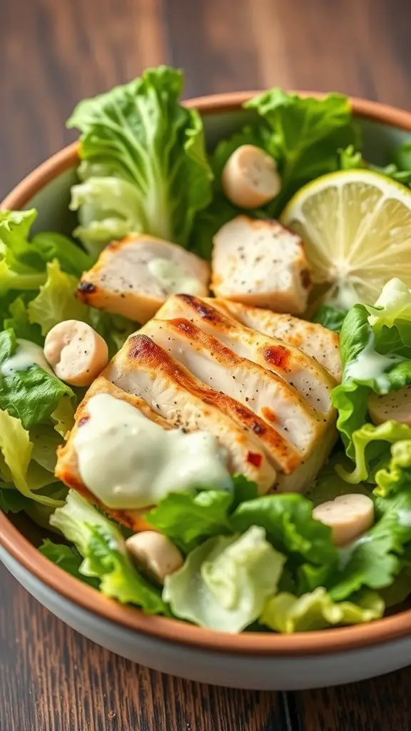 A bowl of Chicken Caesar Salad with grilled chicken, romaine lettuce, and Caesar dressing.
