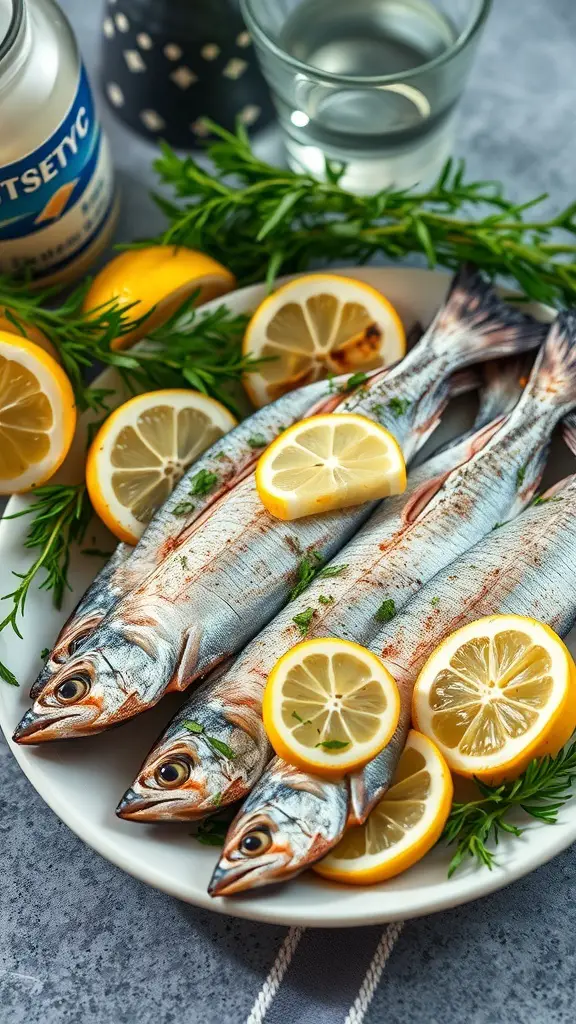 A plate of grilled sardines garnished with lemon slices and fresh herbs.
