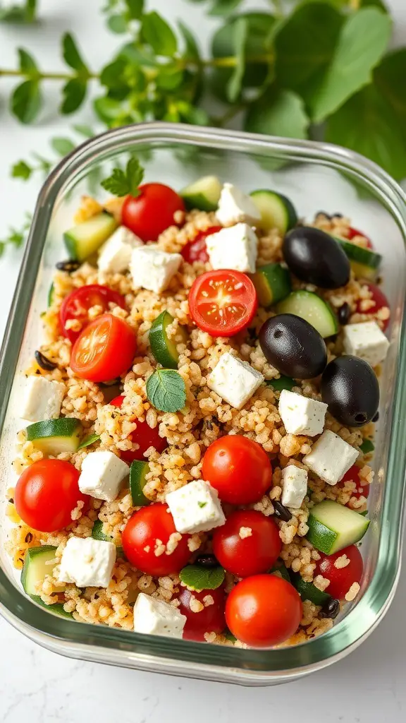 A colorful Mediterranean quinoa salad with cherry tomatoes, cucumbers, olives, and feta cheese.