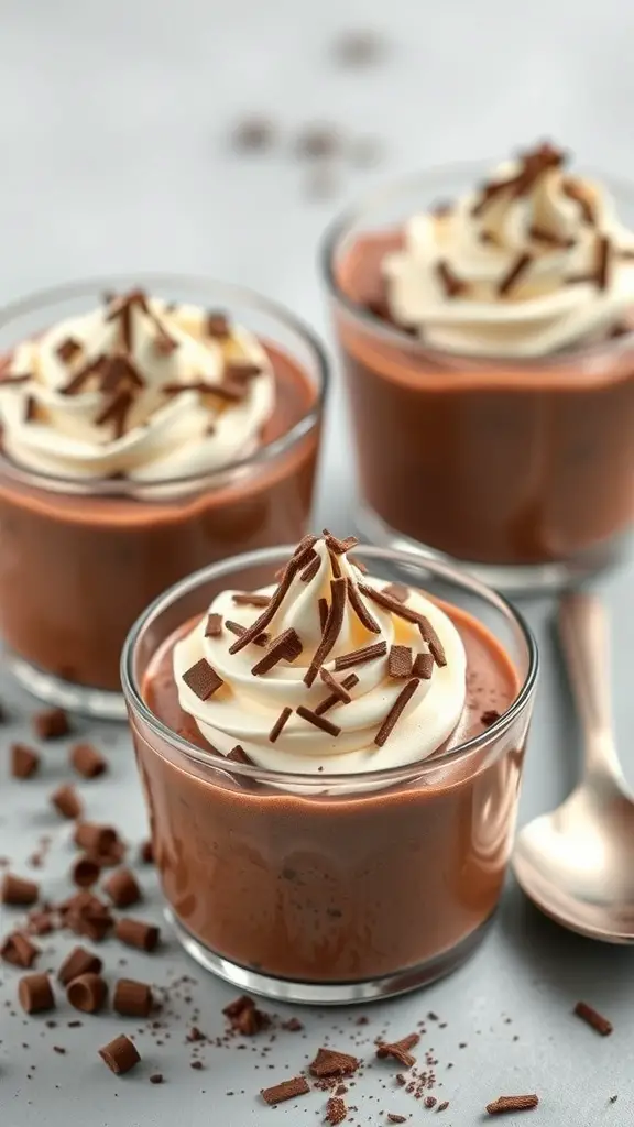 Three elegant chocolate mousse cups topped with whipped cream and chocolate shavings.