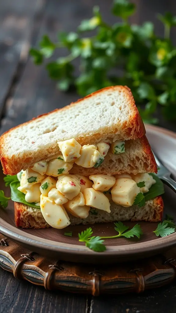 Egg salad sandwich with fresh greens on a wooden plate