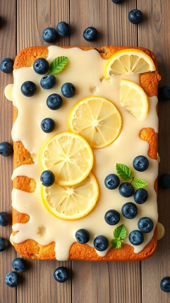 Lemon Blueberry Sheet Cake topped with lemon slices and blueberries