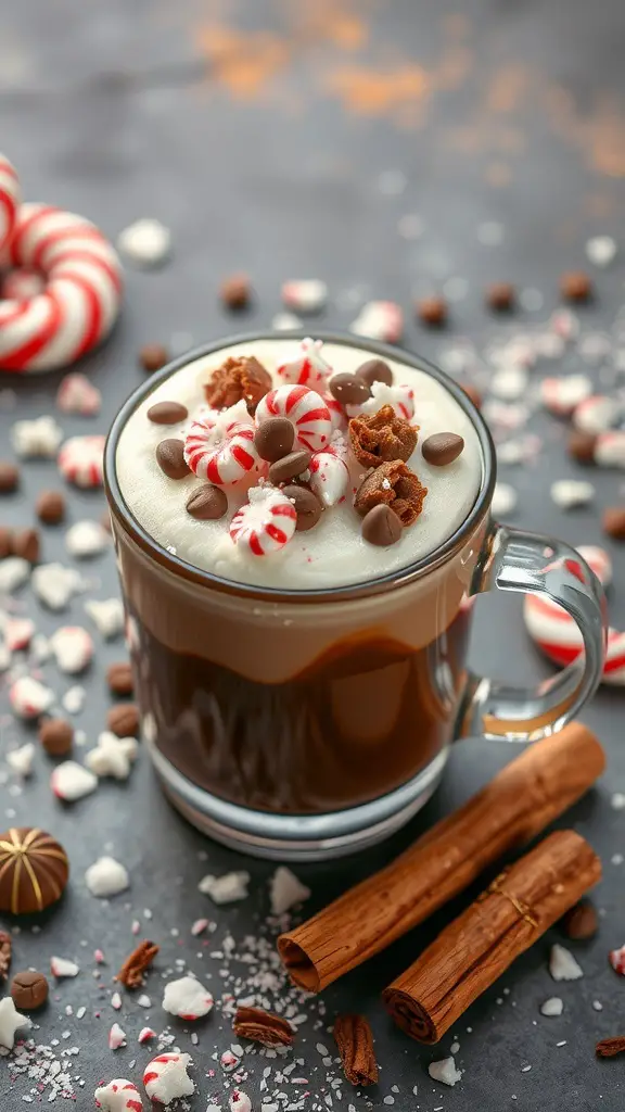 A delicious cup of hot cocoa topped with peppermint candies, chocolate chips, and crumbled cookies, surrounded by festive garnishes.