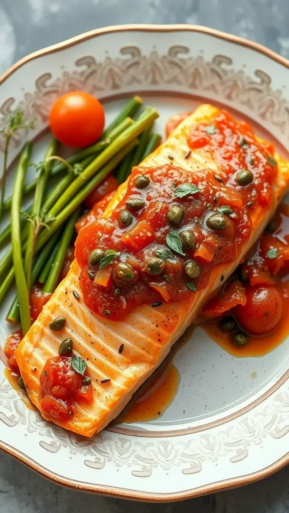 A plate of salmon topped with tomato-caper sauce, served with asparagus and cherry tomatoes.